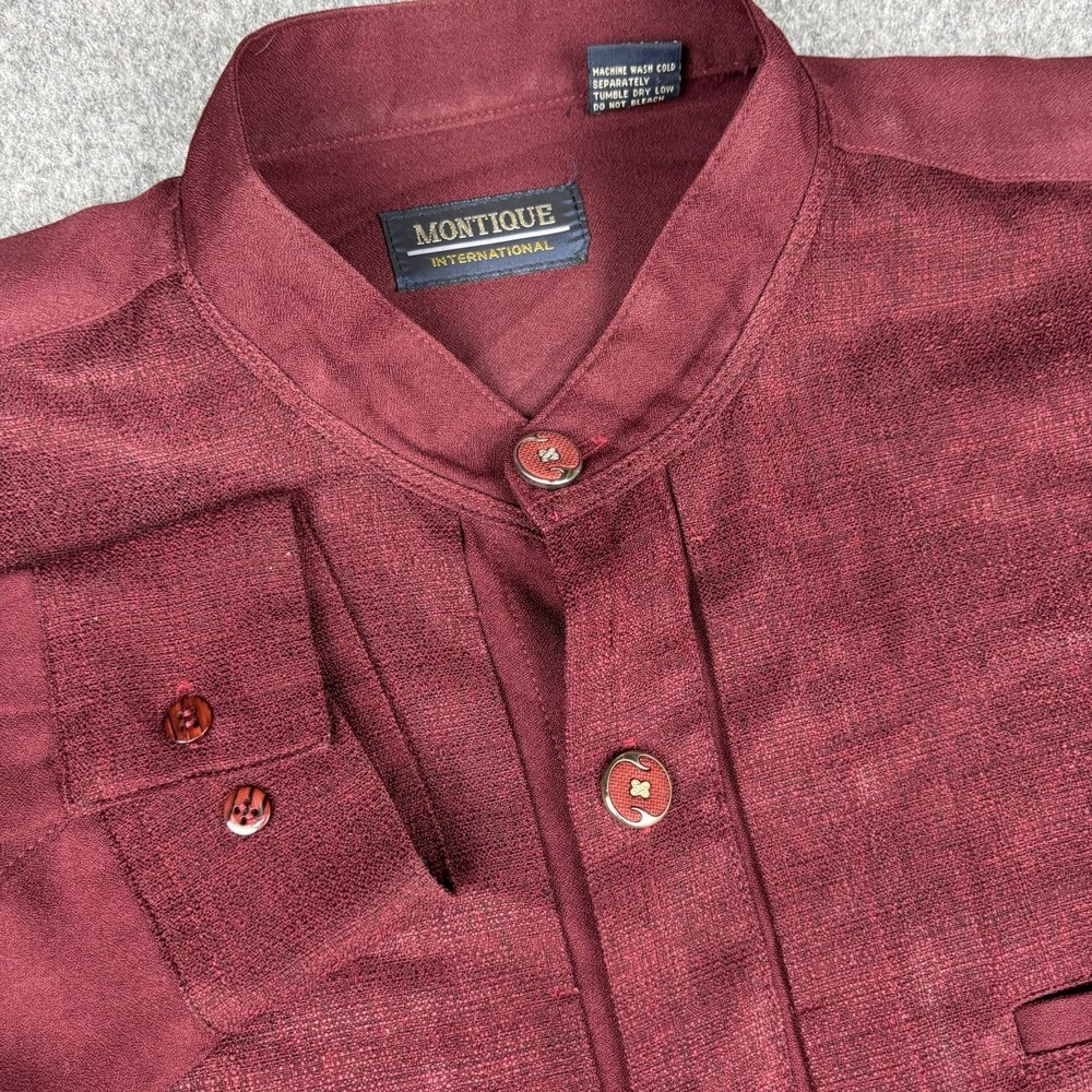 Vintage Montique International Dress Shirt Mens Large Burgundy Textured Button